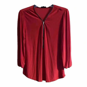 Women's Red Long Sleeve V-Neck Zip Front/Collar Blouse MINE Size M Nice Cond